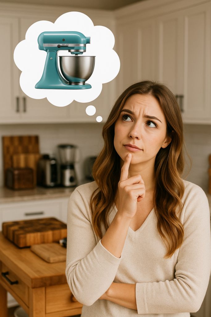 Lady thinking about a stand mixer
