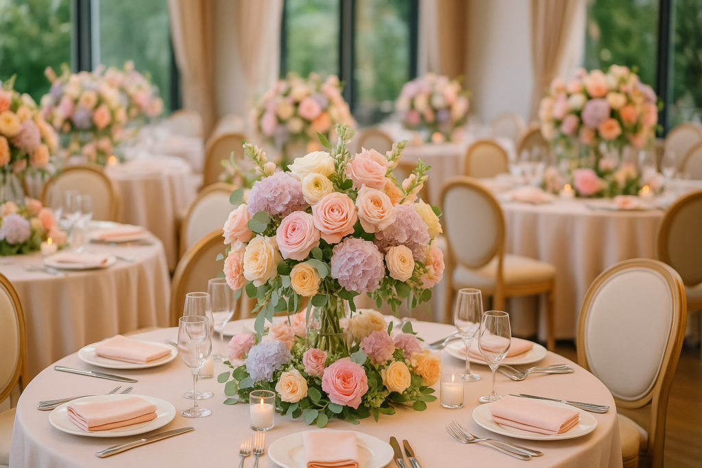 Gorgeous pastel floral arrangement at catered event.