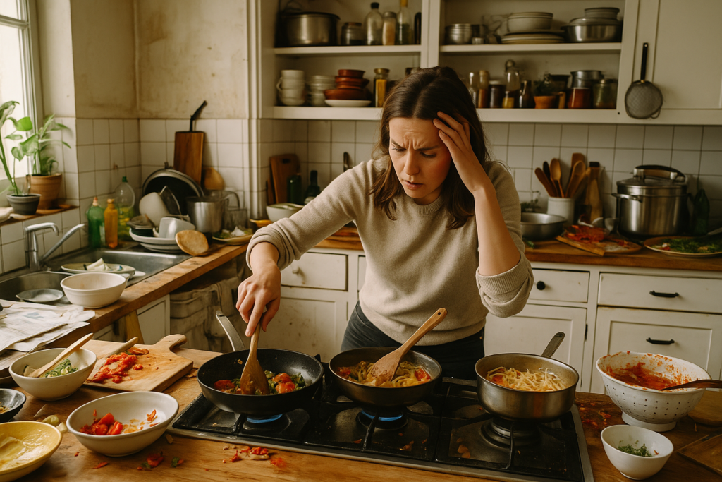 cooking and being overwhelmed with multiple pans and dishes on the stove and countertops.
